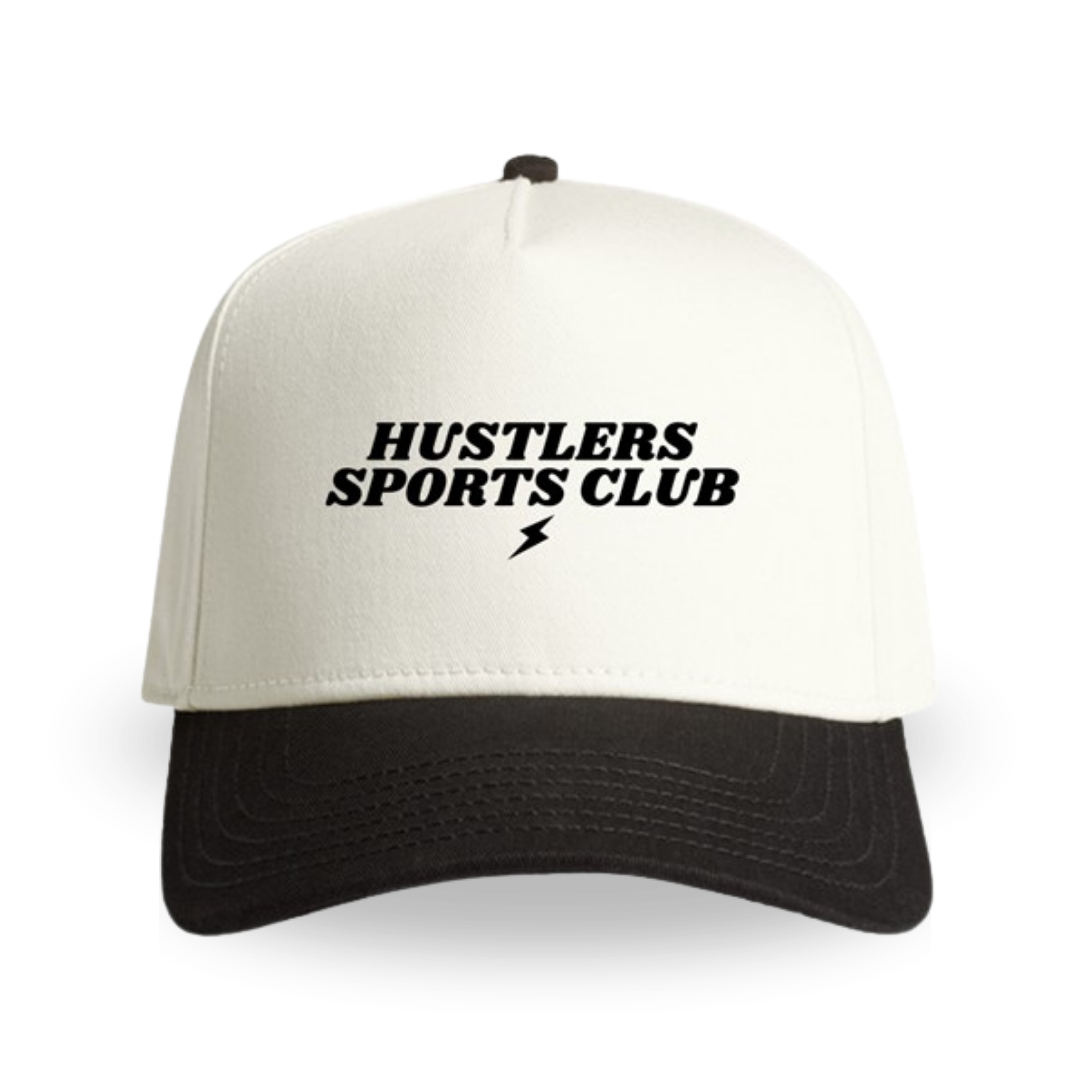 Black-and-cream hat with ‘Hustlers Sports Club’ text and a small lightning bolt logo centered on the front panel.